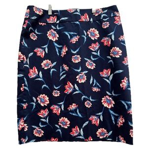 Land's End White Navy Printed Lined‎ Floral Zip  A Line Skirt SZ 12